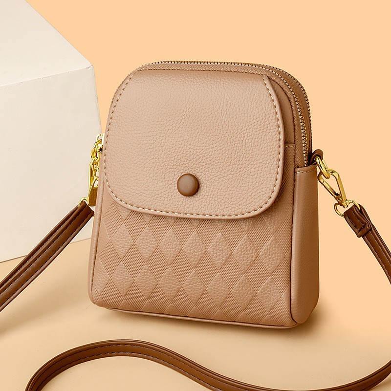 Fashion Genuine Leather Women's Bag Mobile Phone 2024 New Arrival Shoulder Soft Leather All-match Crossbody Bag Rhombic Printed Multi-layer Small Bag
